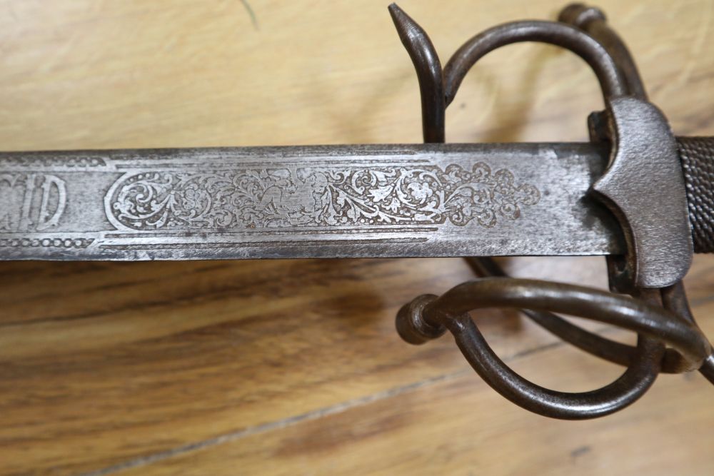 A Spanish Toledo short sword, with etched 58cm double-edged blade